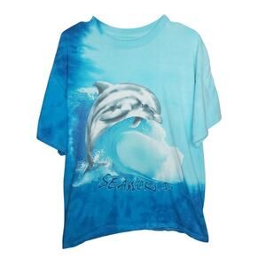 Seaworld Vintage Dolphin Graphic Tie Dye T-Shirt Blue Gradient Unisex Large